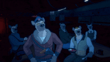 a group of hyenas are gathered in a dark room and one of them is holding a bowl of soup