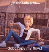 a cartoon character sitting on the ground with the words je ne sais pas debt copy my flow below him