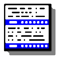 a black and white icon with a blue stripe on the bottom .