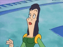 a cartoon woman in a green dress is standing in front of a blue wall .