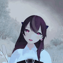 a girl with purple hair and red eyes is wearing a white shirt and black belt