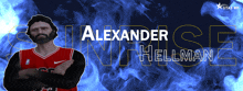 an advertisement for alexander hellman shows a man in a red jersey
