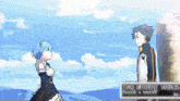 two anime characters standing next to each other with a sign that says two different worlds on it