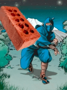 a cartoon of a ninja carrying a brick on his back