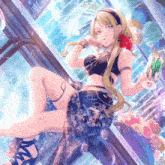 a girl in a black top and blue skirt is holding a can of soda in her hand
