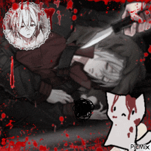 a black and white drawing of a man holding a knife and a cat with blood on it