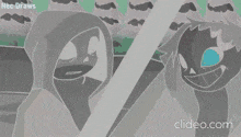 two cartoon characters are standing next to each other in a car and one has red eyes .