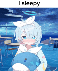 a girl with white hair and blue eyes is holding a stuffed animal with the words i sleepy above her
