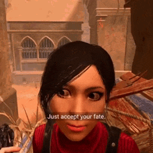 a woman in a red turtleneck says just accept your fate