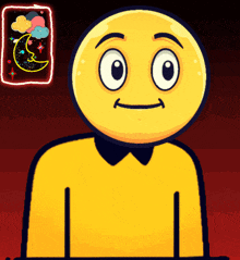 a yellow smiley face with a black collar and a crescent moon in the background