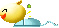 a pixel art drawing of a yellow duck sitting on top of a blue box .