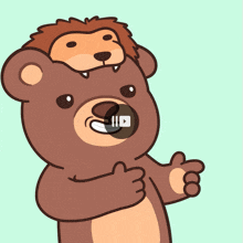 a teddy bear with a lion 's mane on its head giving a thumbs up