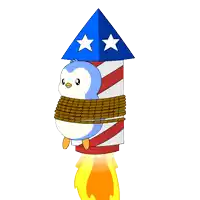 a penguin is tied to a fireworks rocket