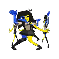 a pixel art drawing of a girl in a black and blue dress