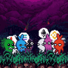 a pixel art of a group of monsters standing in a field .
