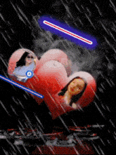 a picture of a woman sitting on a red heart with a blue light coming out of it