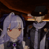 a girl with purple hair and red eyes is standing next to a man in a black hat with a x on it