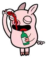 a cartoon pig is pouring a glass of red wine into its mouth