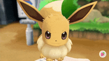 a cartoon eevee is sitting on a person 's lap and looking at the camera