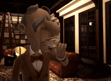 a cartoon character is drinking from a cup in a living room