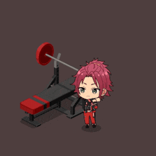 a boy with red hair is standing in front of a barbell