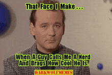 a man in a suit is making a funny face while talking to a nerd .