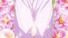a girl with blonde hair and green ears is surrounded by pink flowers and sparkles