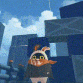 a cartoon character wearing a bunny costume and a scarf is standing in front of a building .