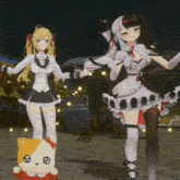 two anime girls standing next to each other with a cat in the background