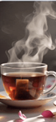 a cup of hot tea with smoke coming out of it
