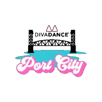 a logo for diva dance port city with a bridge