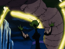 a cartoon character with a green head and green arms is standing in front of a yellow light