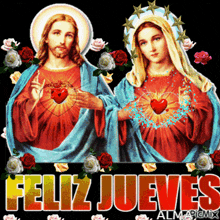 an image of jesus and mary with the words feliz jueves