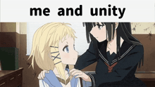 two anime girls are hugging each other with the words me and unity above them