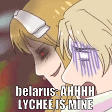 a drawing of a girl with a bandage on her head and the words belarus ahhh lychee is mine