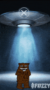 a cartoon of a bear standing in front of an ufo with the word fuzzy on the bottom right