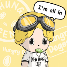 a cartoon character wearing a viking helmet says " i 'm all in " in a speech bubble