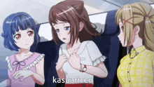 three anime girls are standing next to each other and the word kasuariceo is on the bottom left