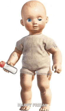 a baby doll with blue eyes is holding a bottle and the words happy friday are below it