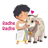 a cartoon of a boy hugging a cow with the words radhe radhe above
