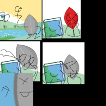 a cartoon drawing of a leaf and a book with the letters s2 written on it