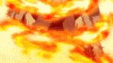 a close up of a person surrounded by flames with a yellow background