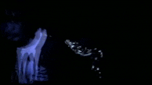 a blurry image of a person in a dark room with a skull in the background