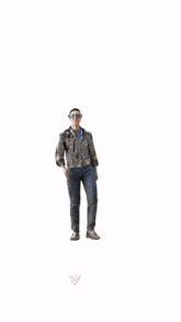 a man wearing glasses and a camouflage jacket stands on one leg