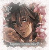 a picture of a man with long hair and horns surrounded by flowers .