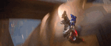a transformer is flying through the air in a dark room .