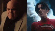 a man in a suit and a woman in a red superhero costume are shown side by side .