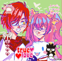 a drawing of a boy and a girl with the words true love written on the bottom