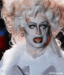 a close up of a drag queen 's face with t4yce tumblr written below it