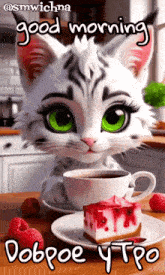 a cat holding a cup of coffee and a piece of cake